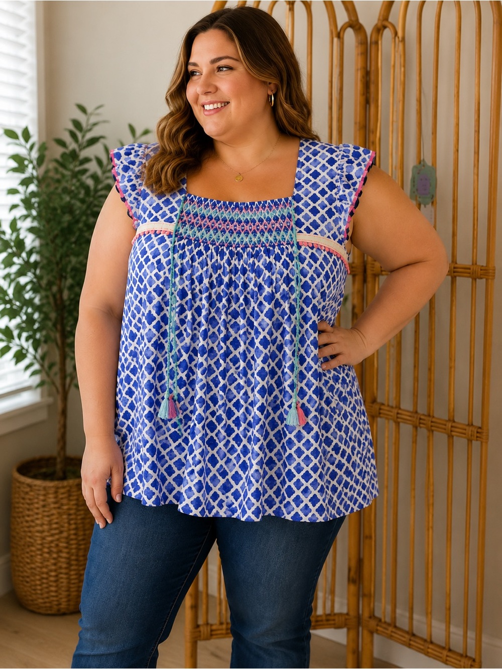 Matilda Jane XL Blue Smocked Flutter Sleeve Boho Tunic Top Tassel Detail